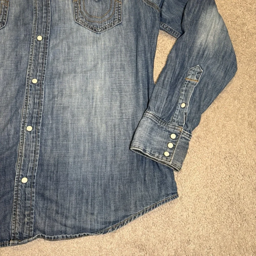 True Religion Jake Denim‎ Western Shirt Mens Blue Pearl Snap LS 3XL (Fits XL)